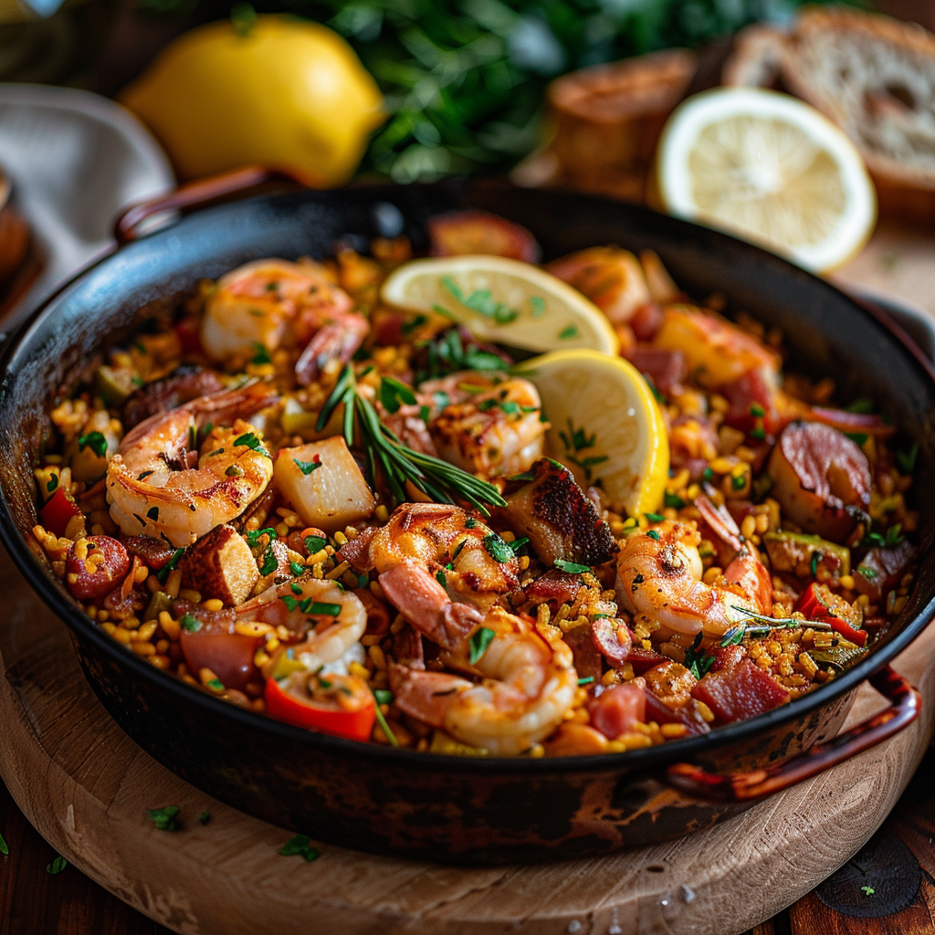 Paella met saffraan, zeevruchten en chorizo