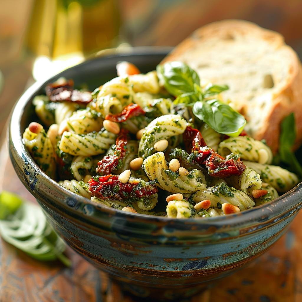 Pastasalade met pesto, zongedroogde tomaat en pijnboompitten