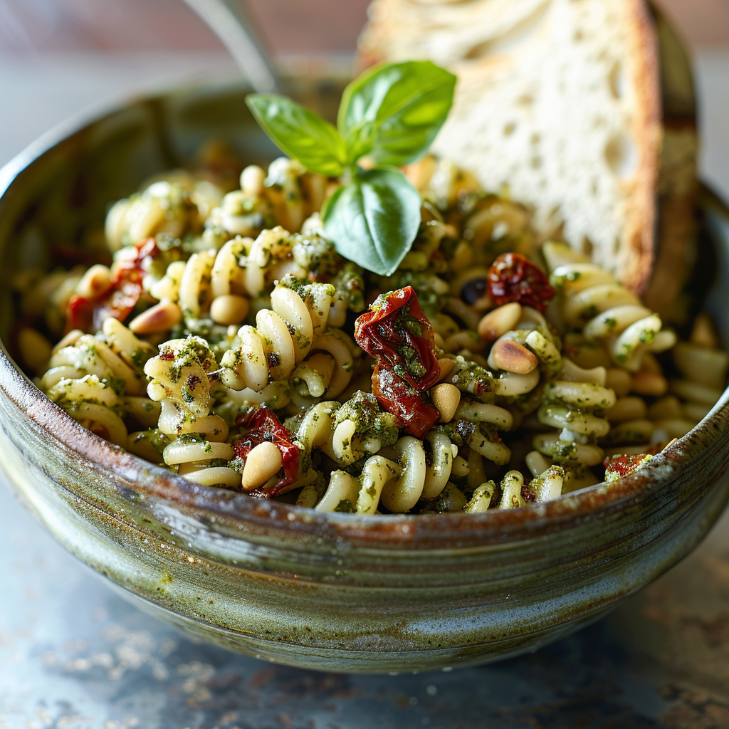 Pastasalade met pesto, zongedroogde tomaat en pijnboompitten