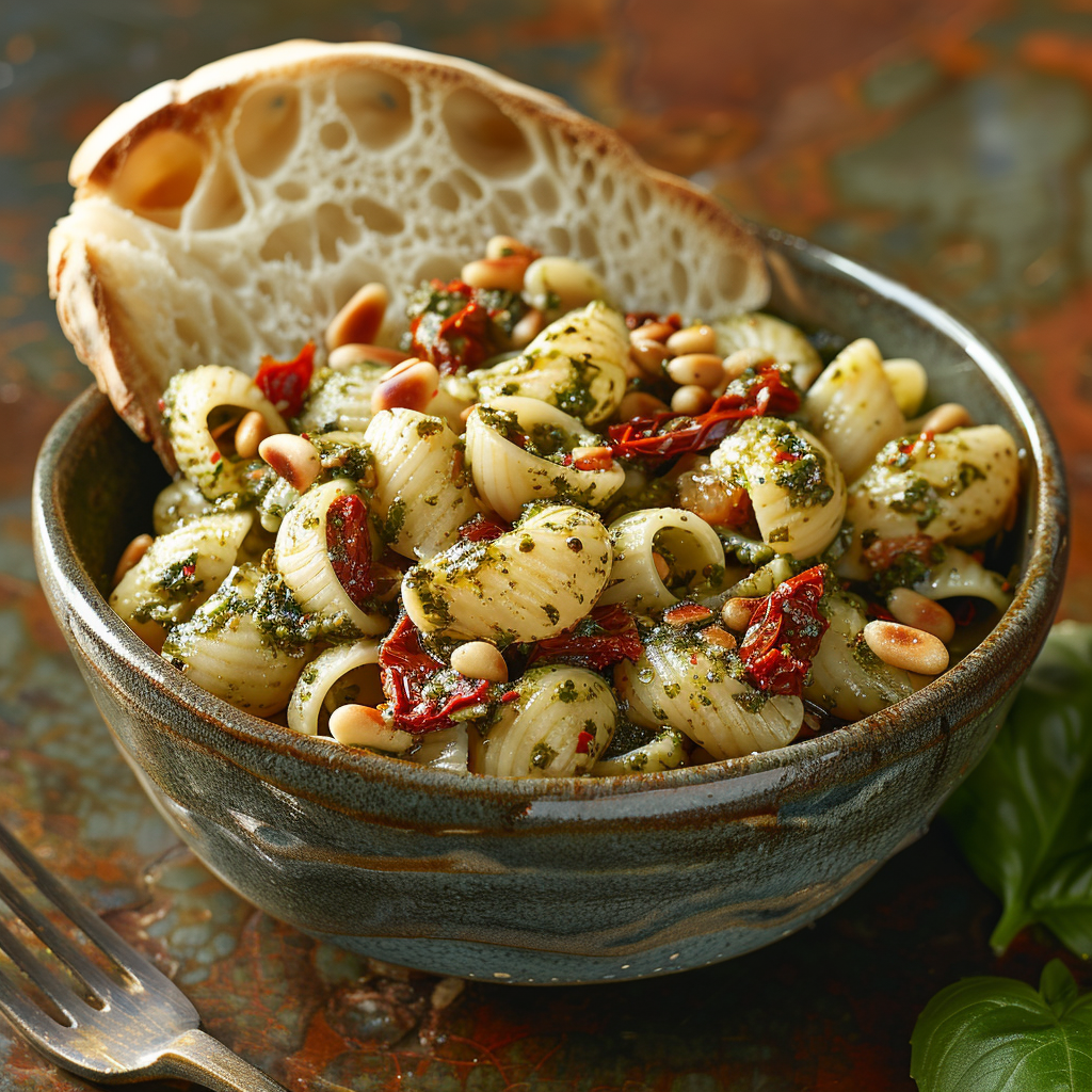 Pastasalade met pesto, zongedroogde tomaat en pijnboompitten