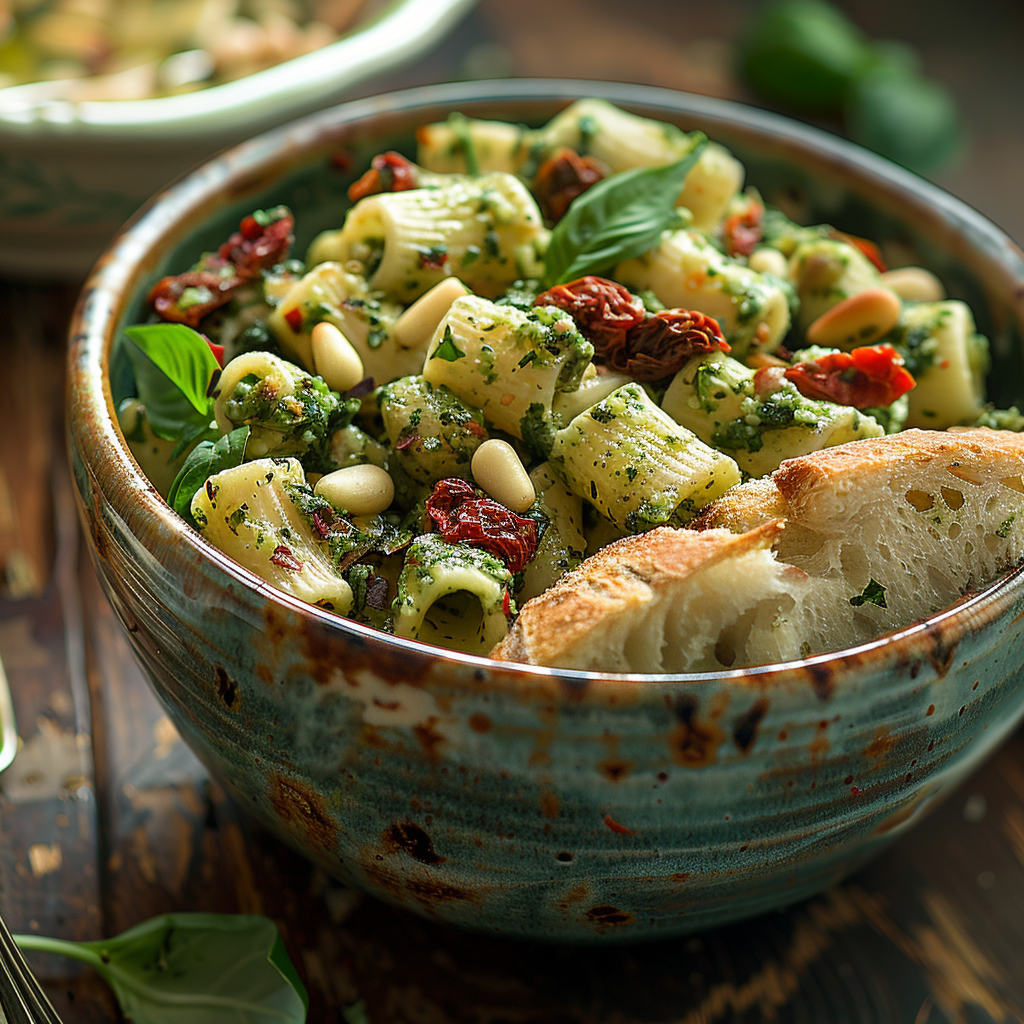 Pastasalade met pesto, zongedroogde tomaat en pijnboompitten