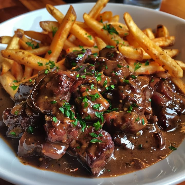 Peperbief met frietjes