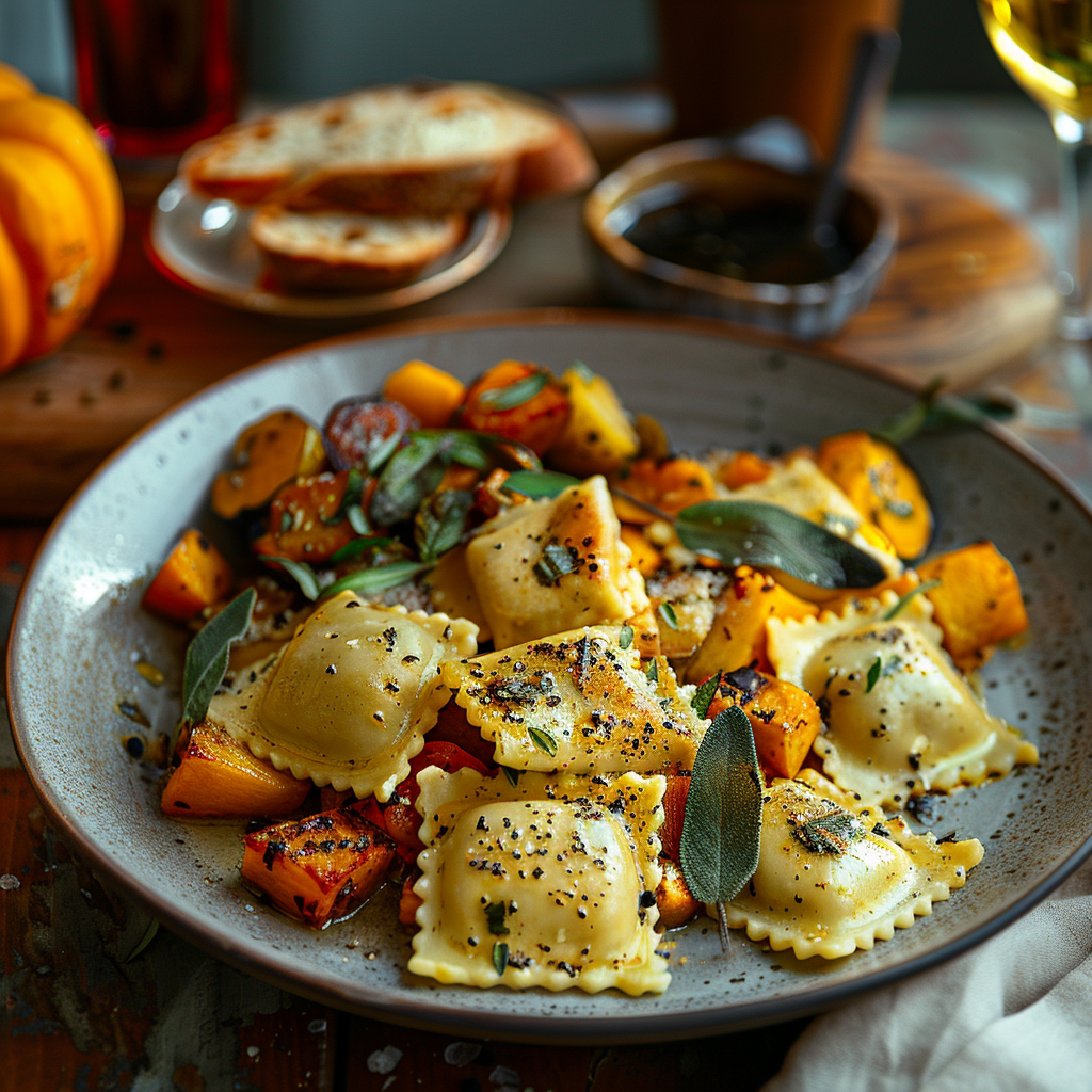 Ravioli met pompoenpuree en salieboter