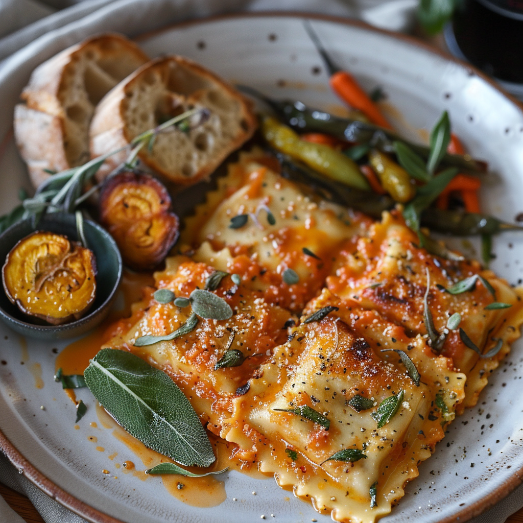 Ravioli met pompoenpuree en salieboter