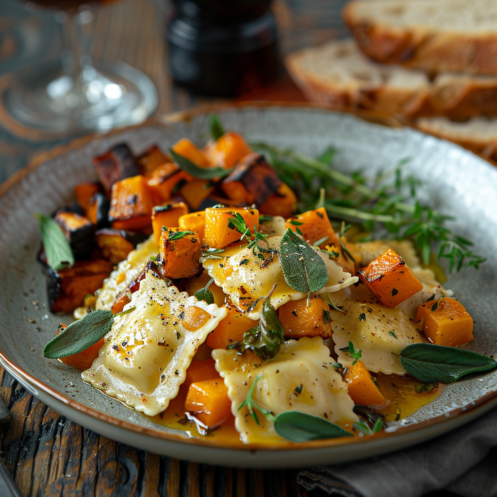 Ravioli met pompoenpuree en salieboter