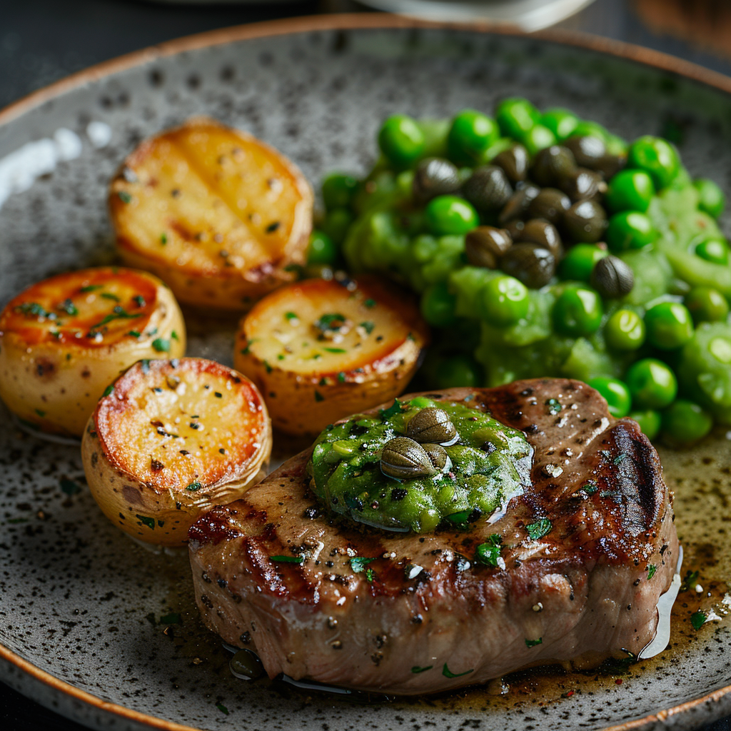 Scholfilet met kappertjes-boter en doperwtenpuree