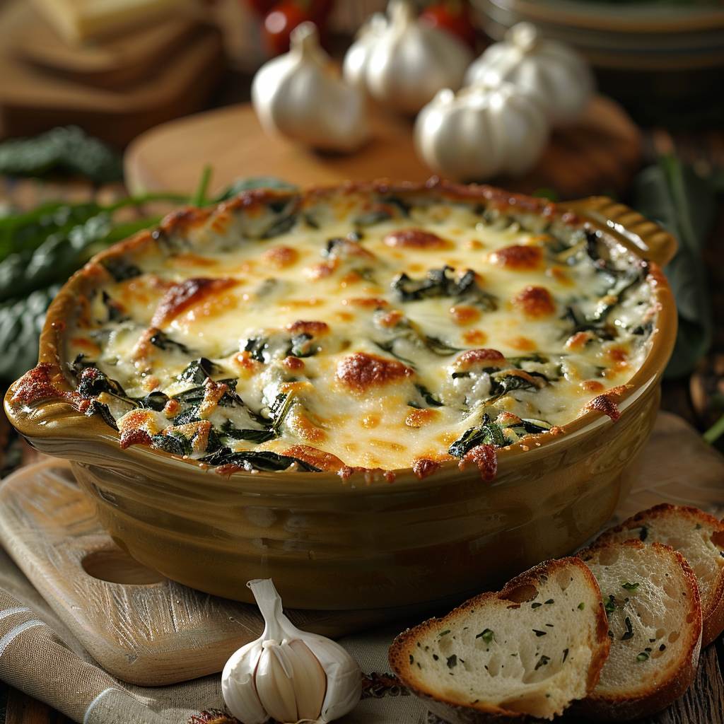 Spinazie-kaas ovenschotel met knoflookbrood
