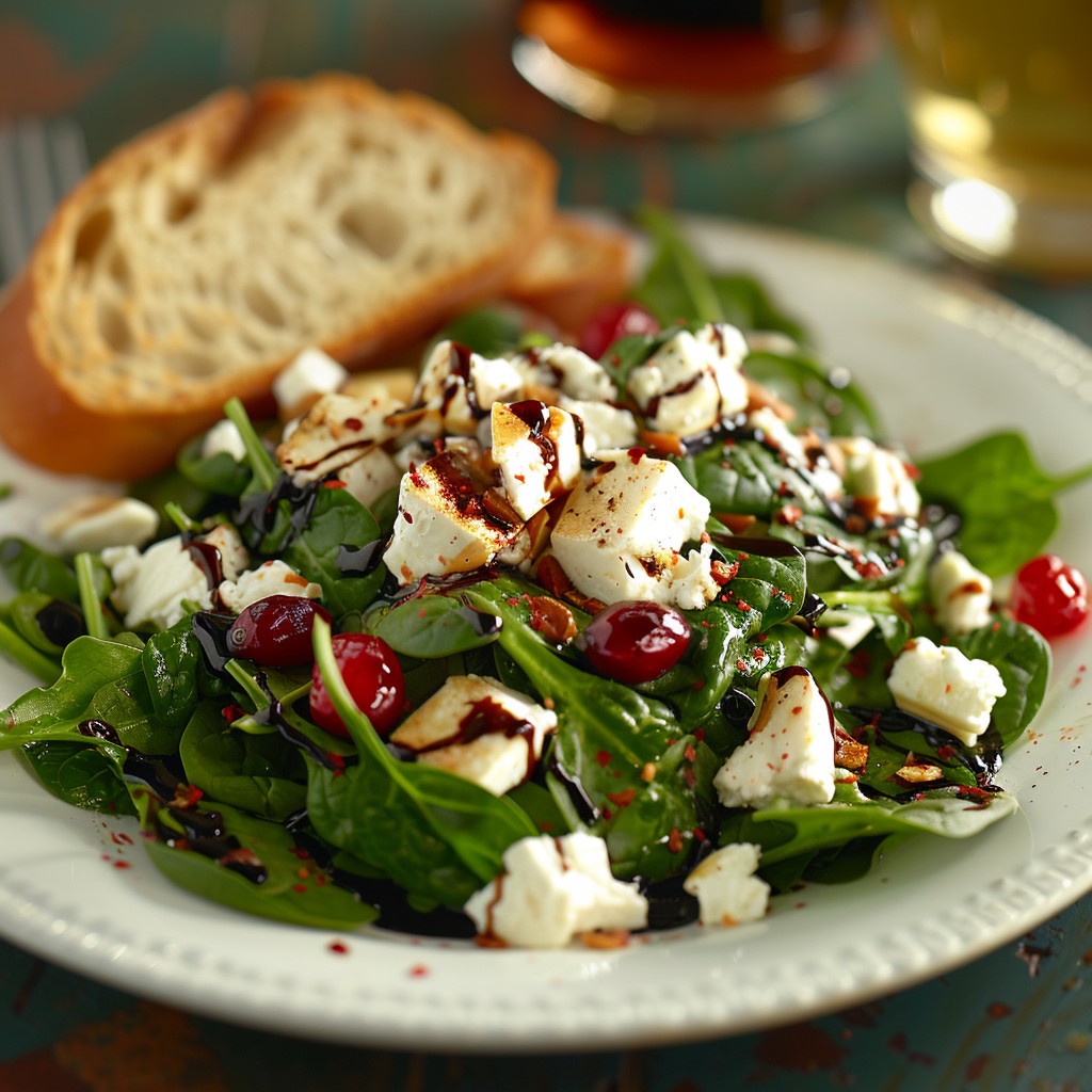 Spinaziesalade met geitenkaas, cranberry’s en balsamico