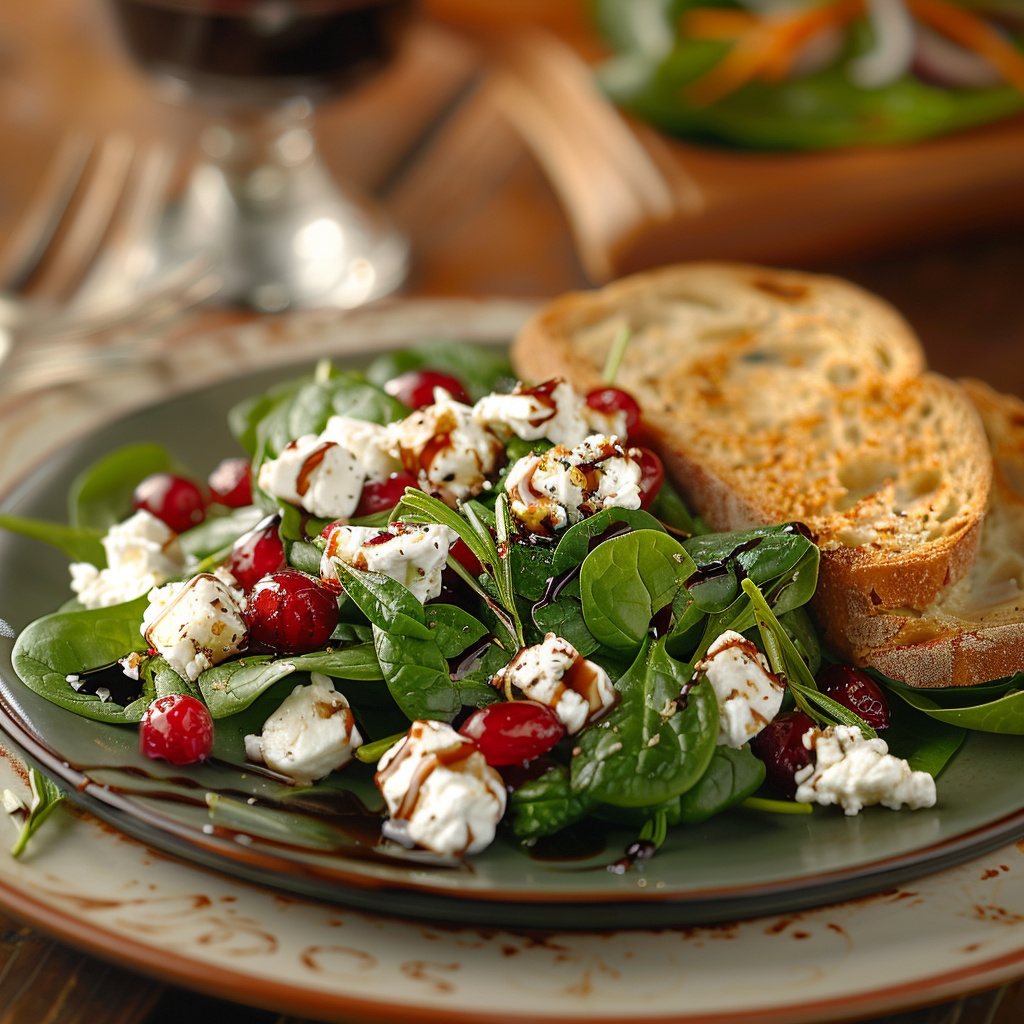 Spinaziesalade met geitenkaas, cranberry’s en balsamico