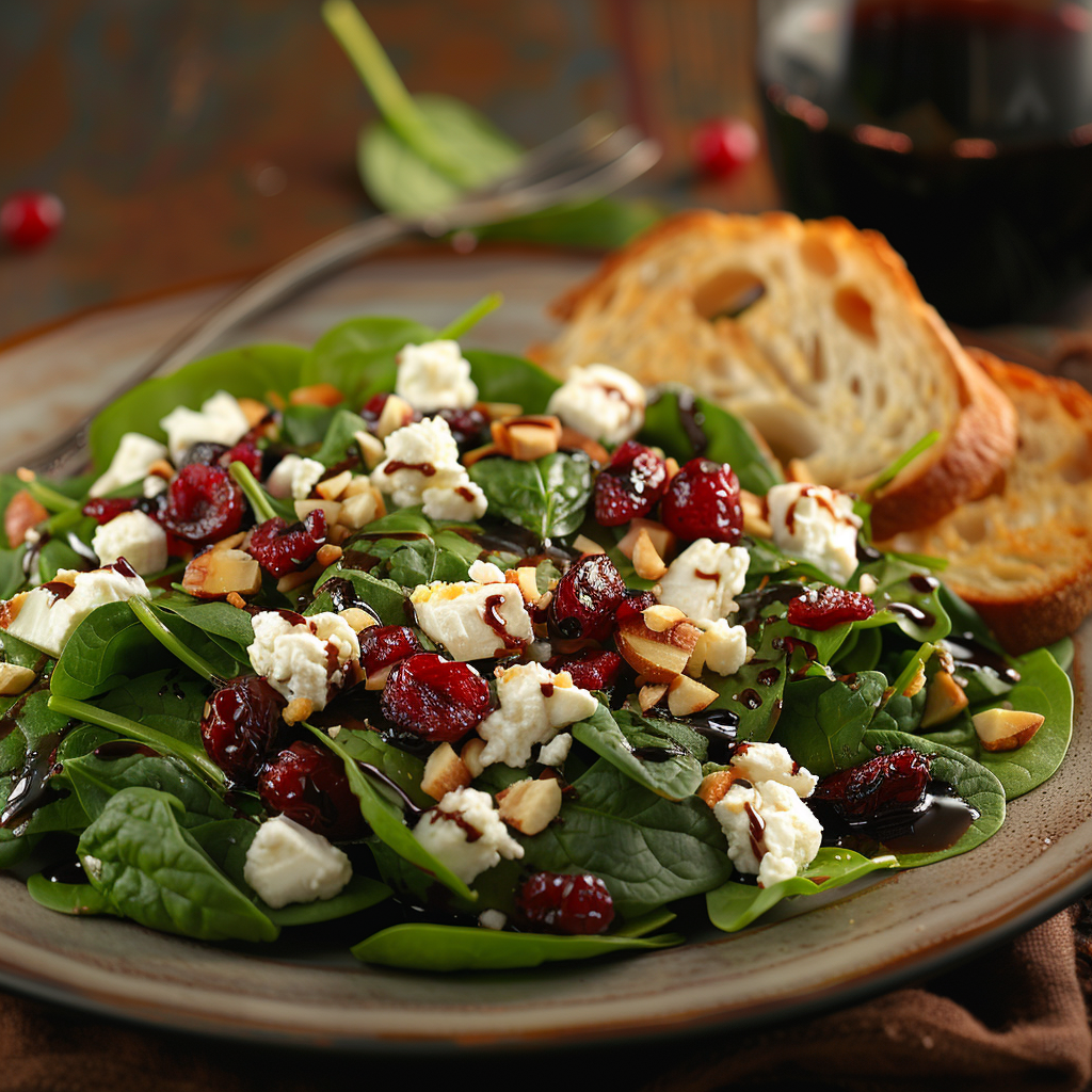 Spinaziesalade met geitenkaas, cranberry’s en balsamico