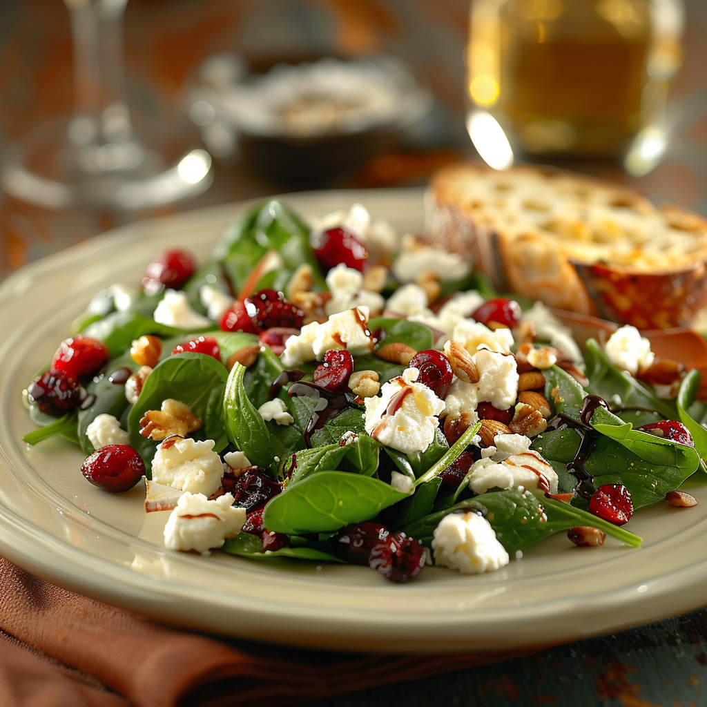 Spinaziesalade met geitenkaas, cranberry’s en balsamico