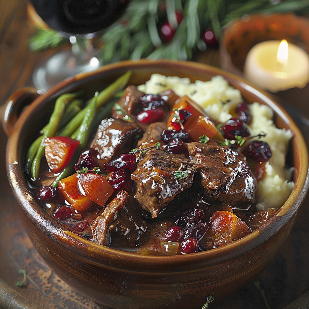 Stoofpotje van wildzwijn met rode wijn en veenbessen