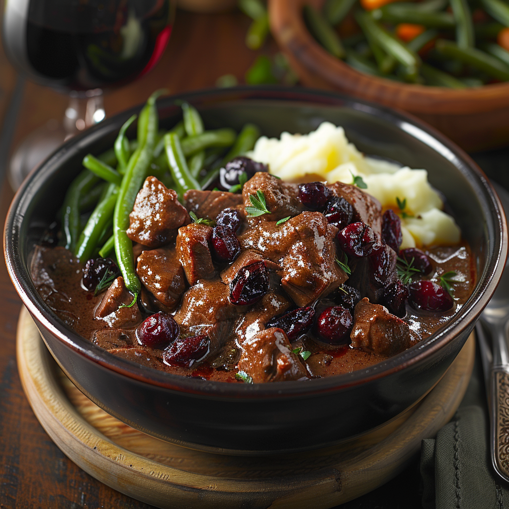 Stoofpotje van wildzwijn met rode wijn en veenbessen