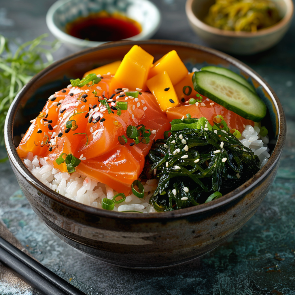 Sushi bowl met zalm, mango en wakame