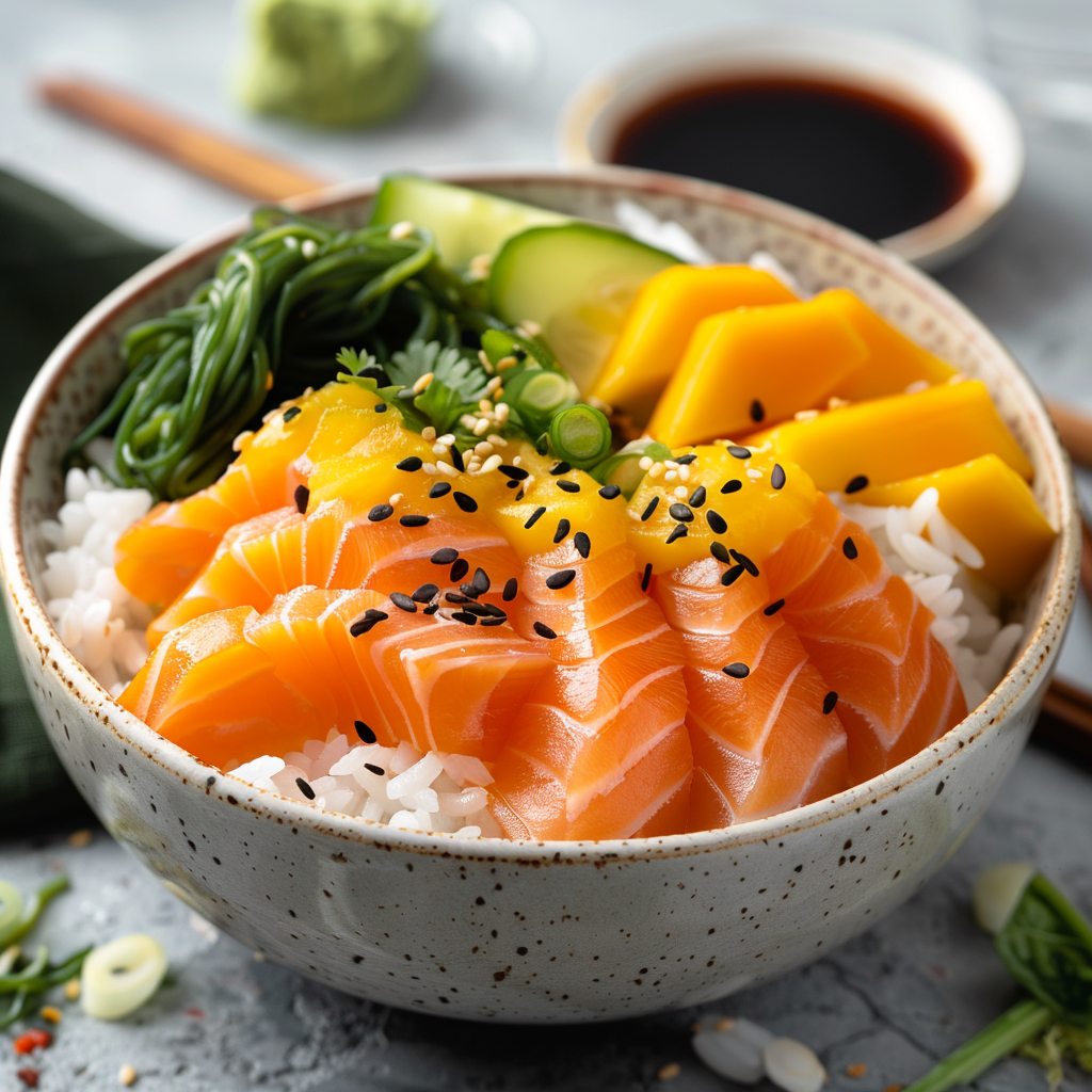 Sushi bowl met zalm, mango en wakame