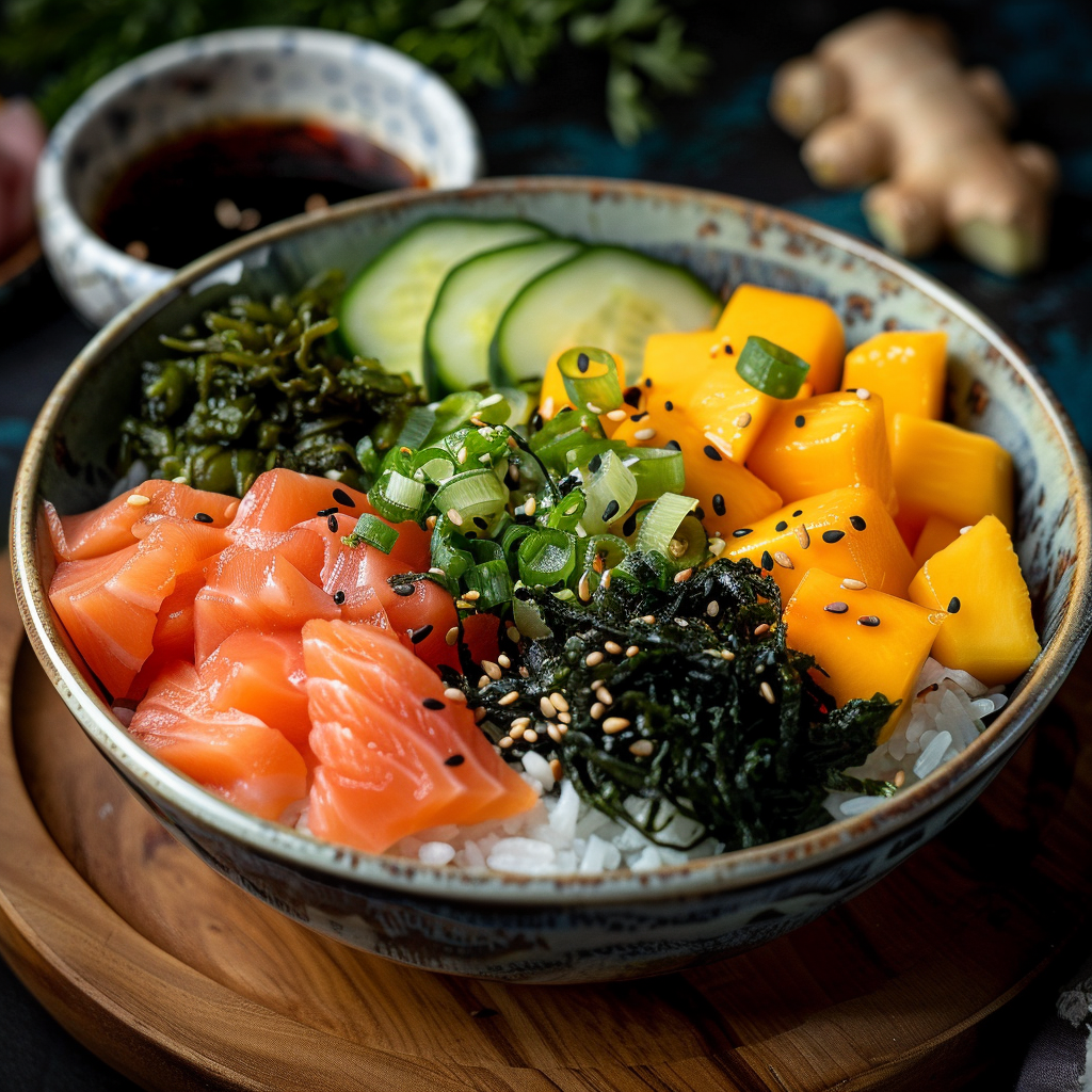 Sushi bowl met zalm, mango en wakame