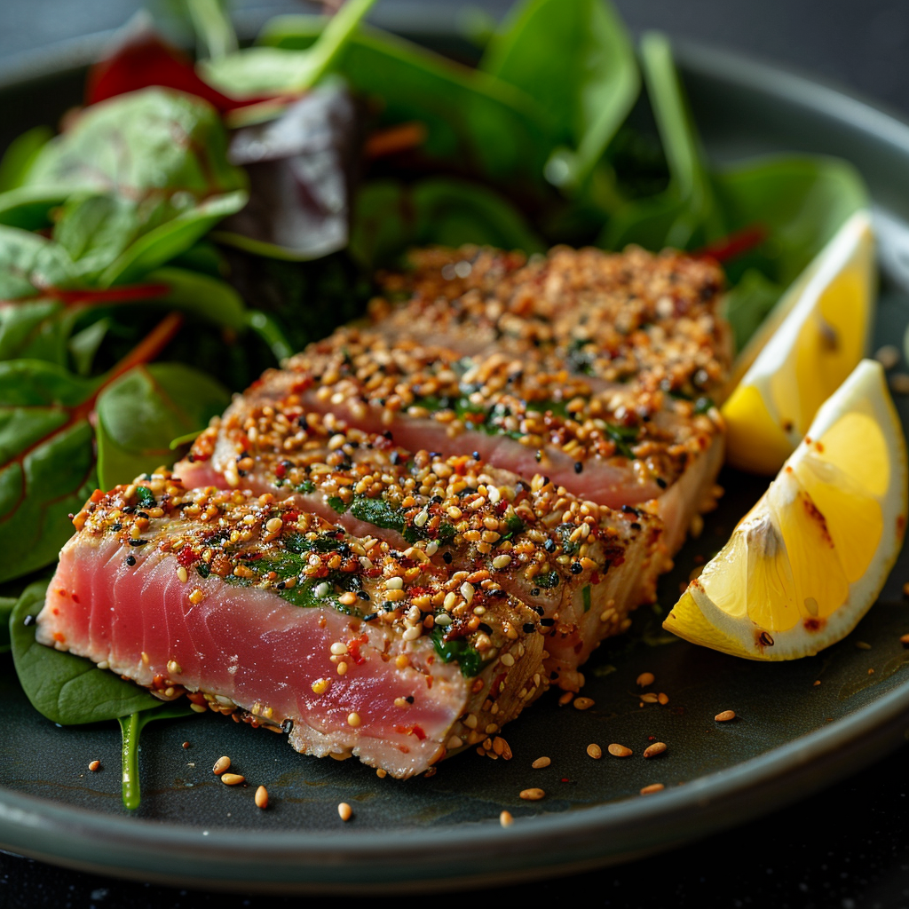 Tonijnsteak met sesamkaantjes en spinazie-salade