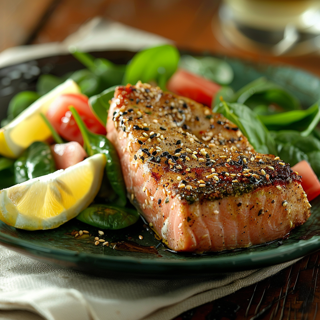 Tonijnsteak met sesamkaantjes en spinazie-salade