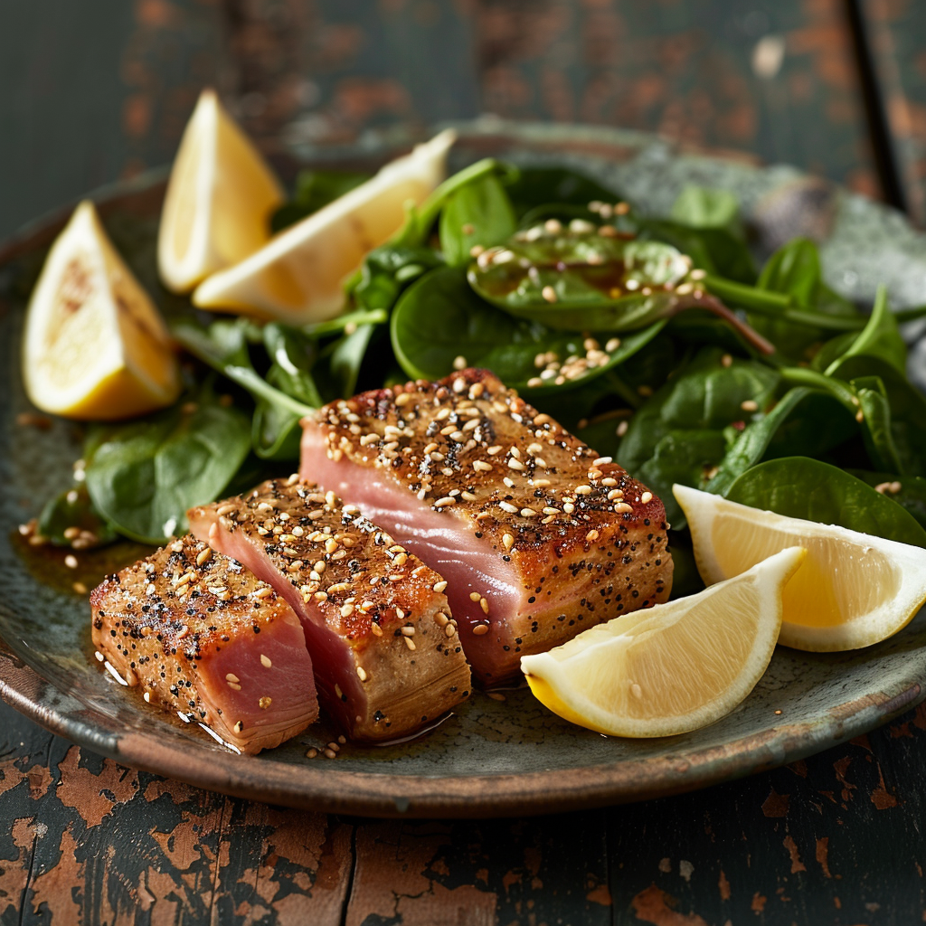 Tonijnsteak met sesamkaantjes en spinazie-salade