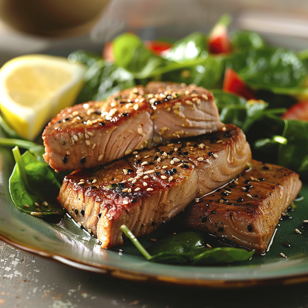 Tonijnsteak met sesamkaantjes en spinazie-salade