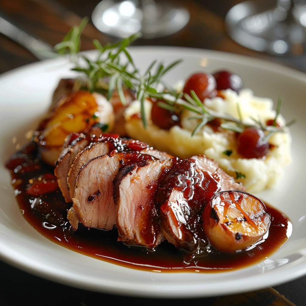 Varkenshaas met pruimensaus en aardappelpuree