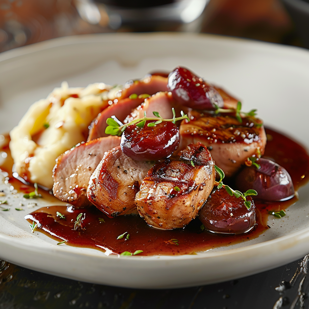 Varkenshaas met pruimensaus en aardappelpuree