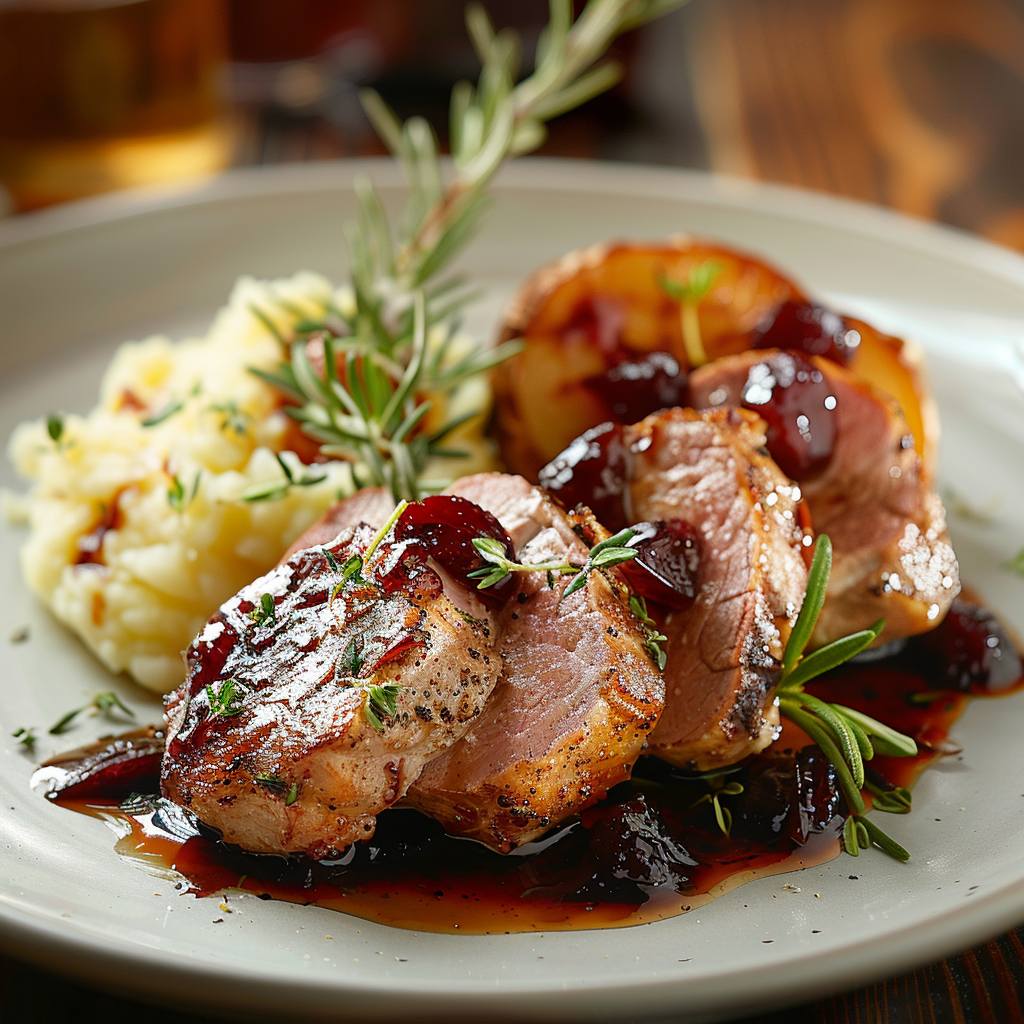 Varkenshaas met pruimensaus en aardappelpuree