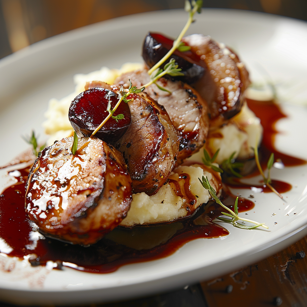 Varkenshaas met pruimensaus en aardappelpuree