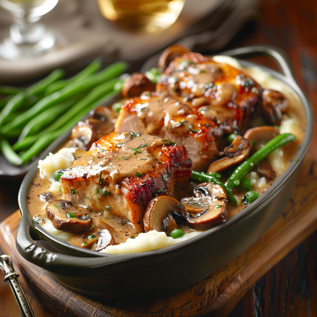 Varkenshaas ovenschotel met champignons en roomsaus