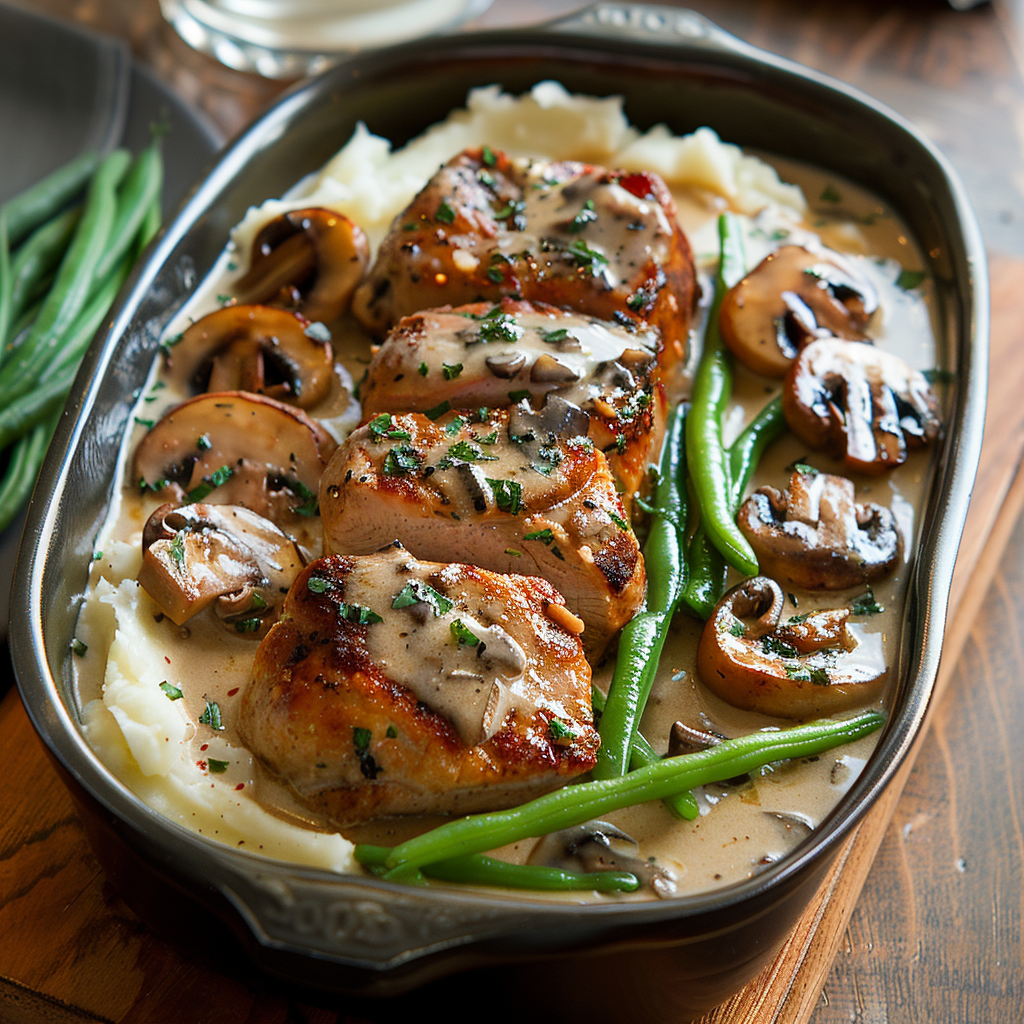 Varkenshaas ovenschotel met champignons en roomsaus