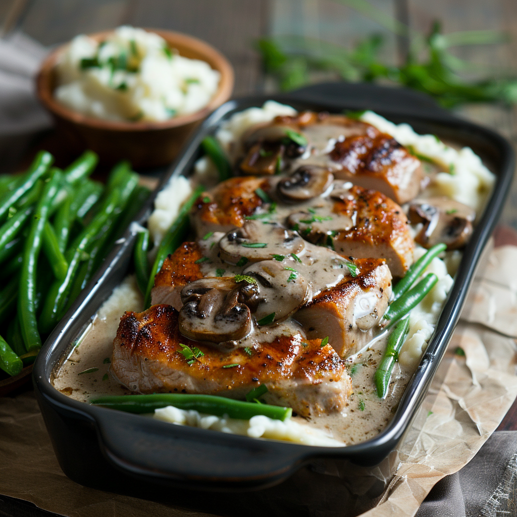 Varkenshaas ovenschotel met champignons en roomsaus