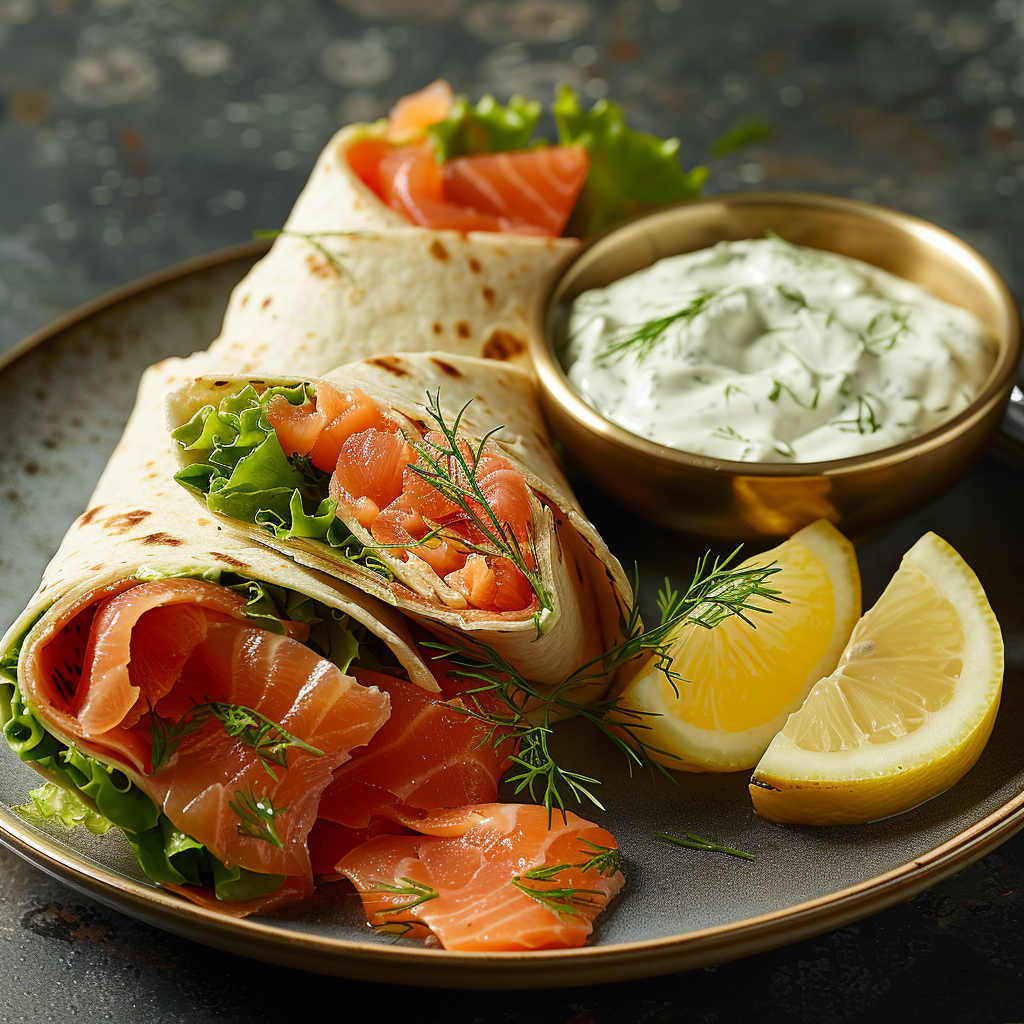 Wrap-salade met gerookte zalm en dille-yoghurtdressing