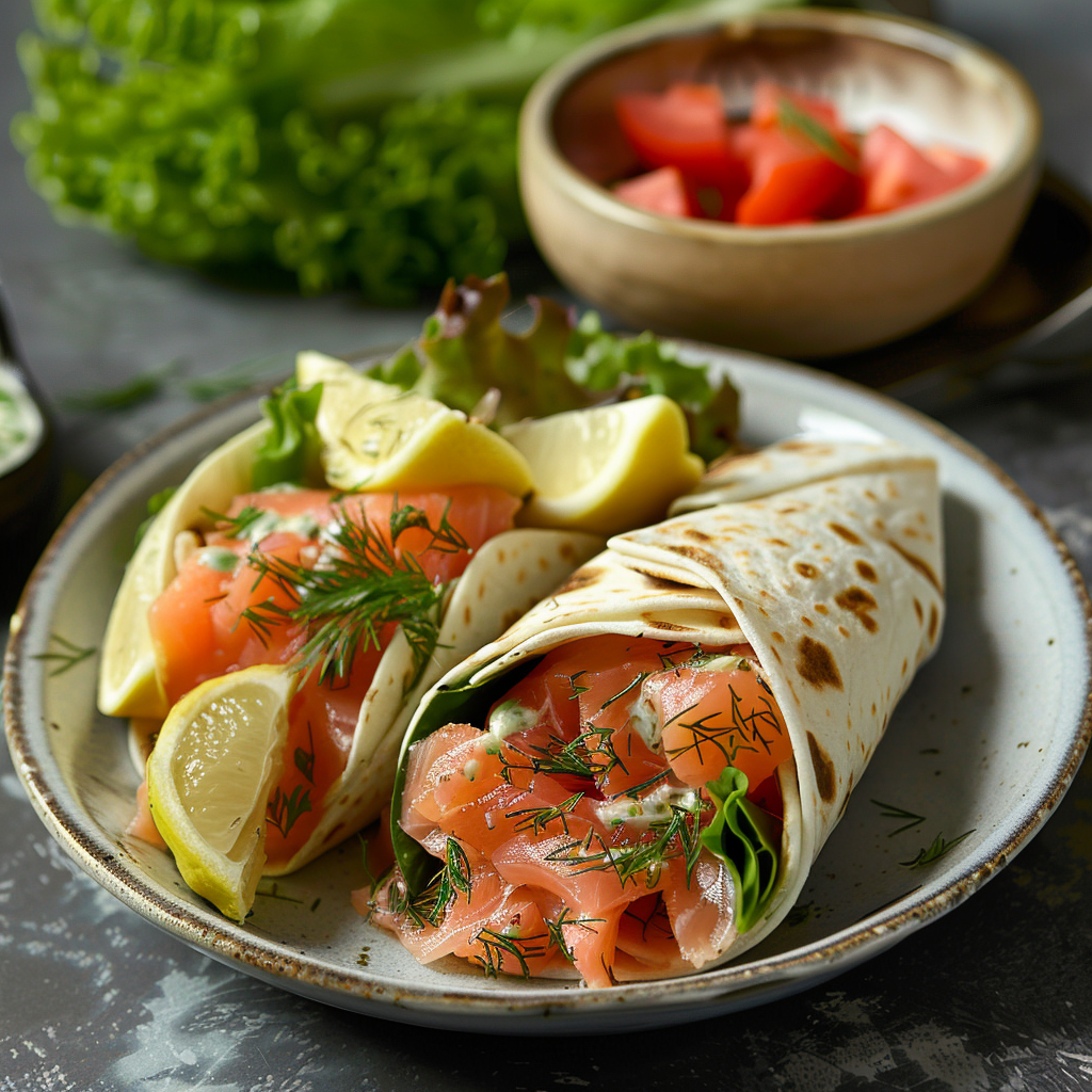 Wrap-salade met gerookte zalm en dille-yoghurtdressing
