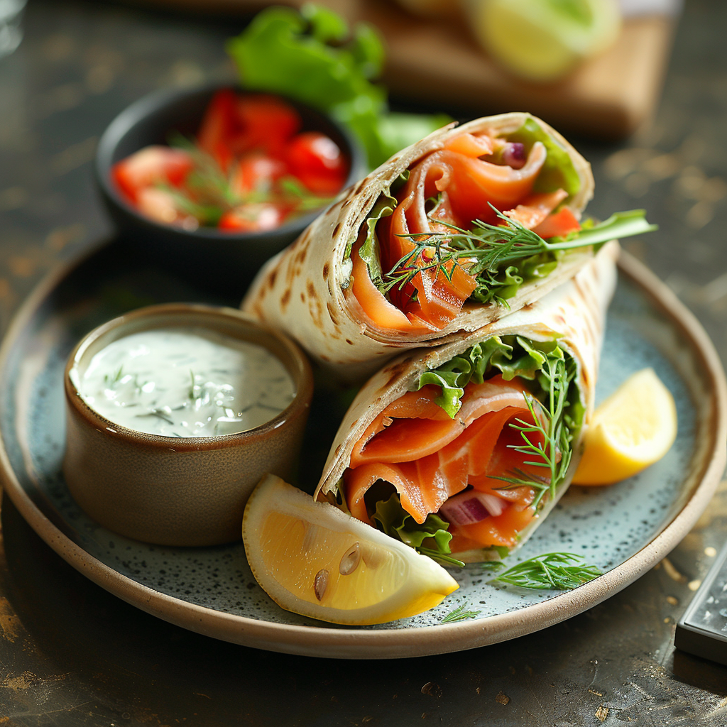 Wrap-salade met gerookte zalm en dille-yoghurtdressing