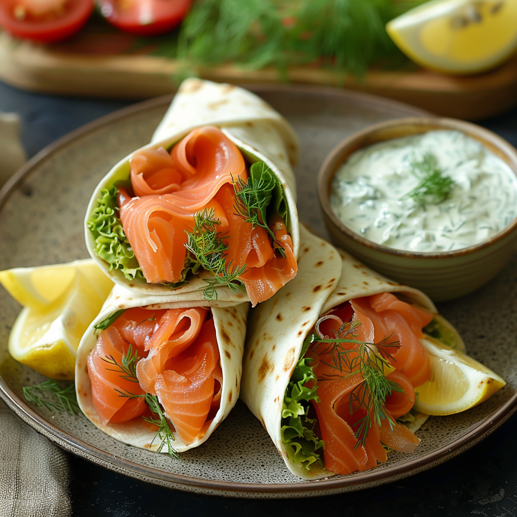 Wrap-salade met gerookte zalm en dille-yoghurtdressing