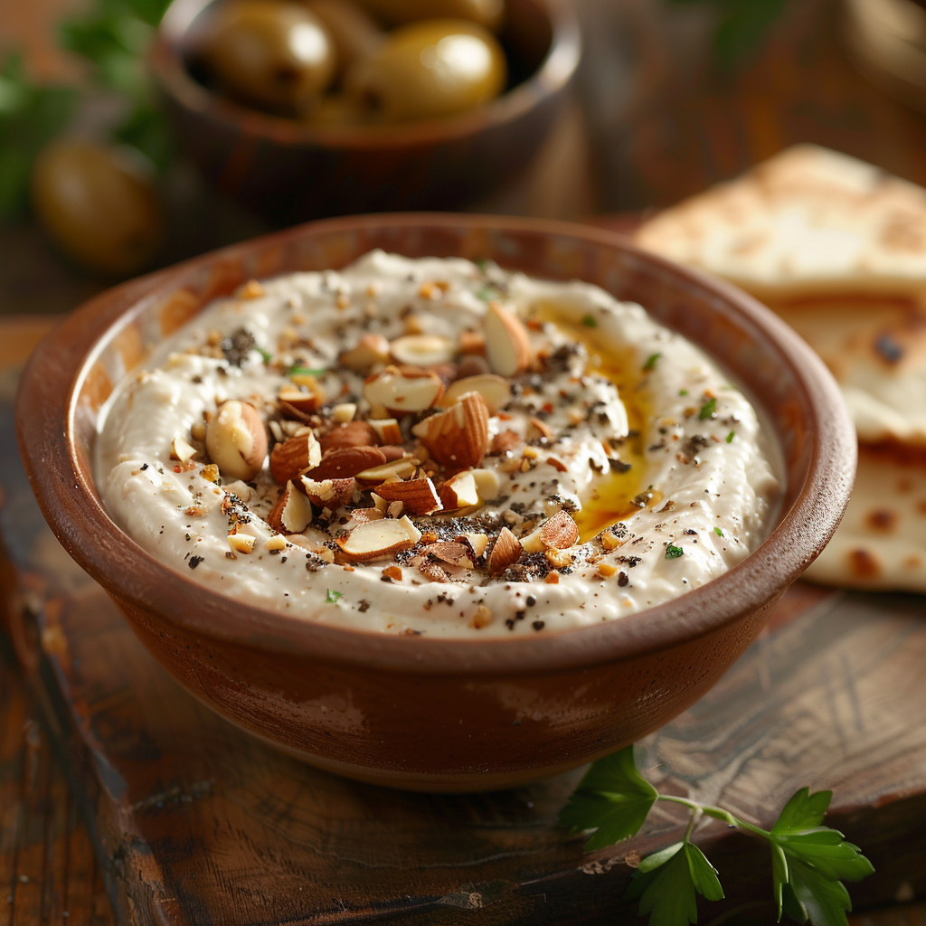 Yoghurtdip met za’atar en geroosterde amandelen