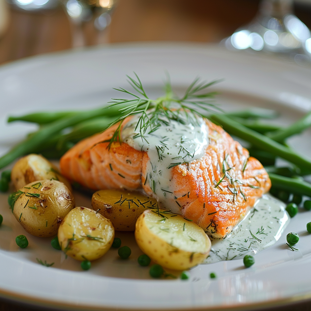 Zalmfilet met dillesaus en nieuwe aardappelen