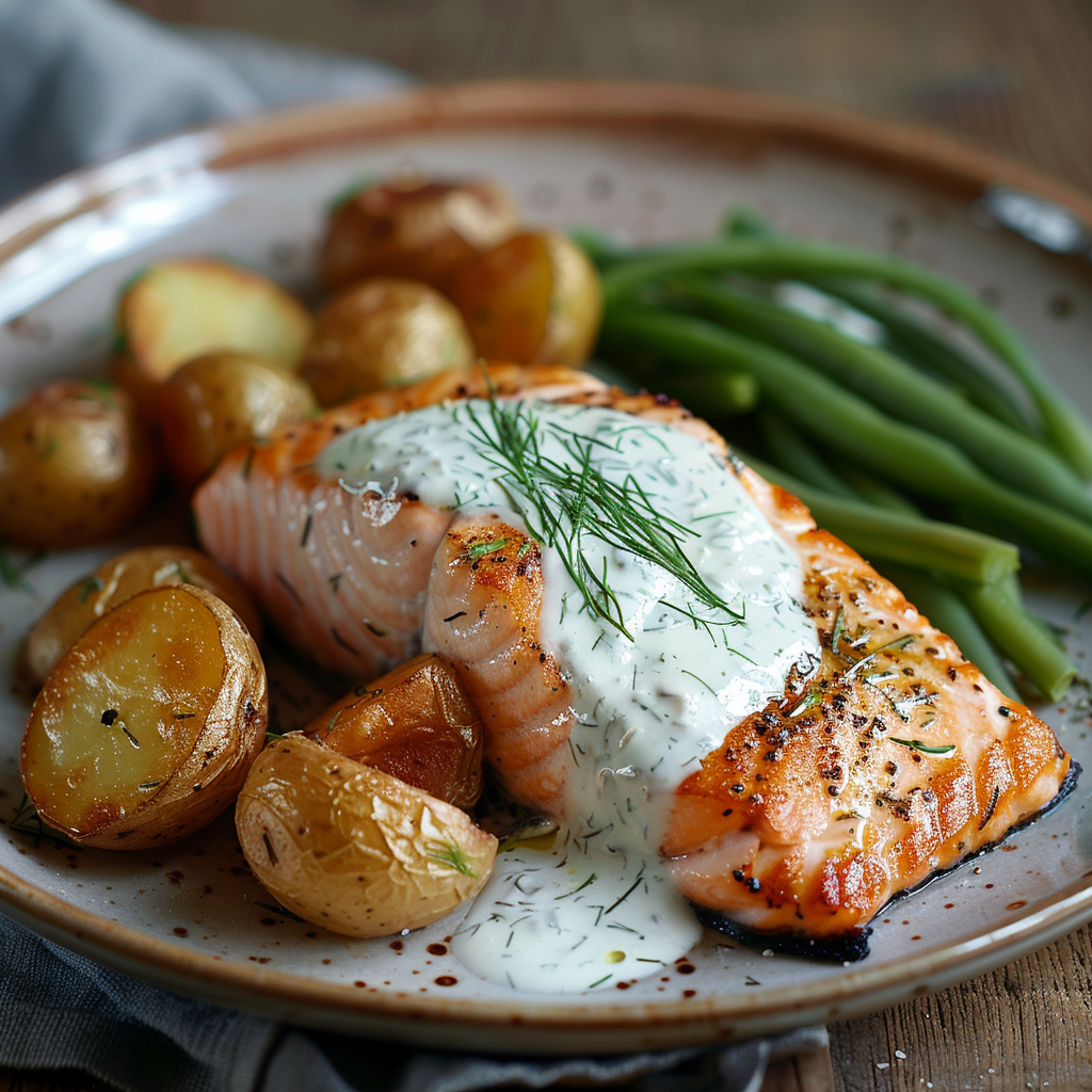 Zalmfilet met dillesaus en nieuwe aardappelen