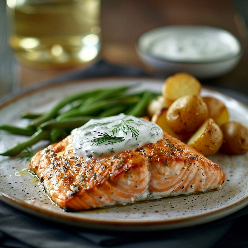 Zalmfilet met dillesaus en nieuwe aardappelen