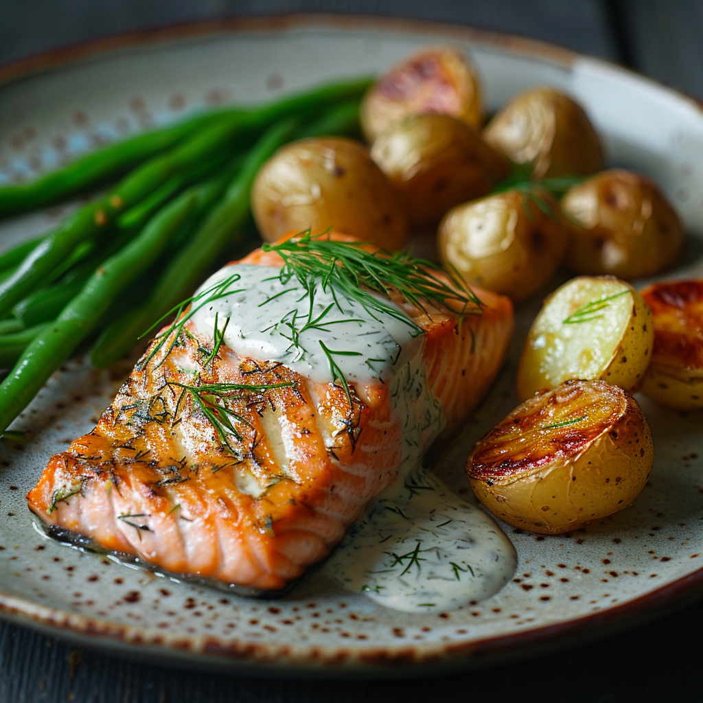 Zalmfilet met dillesaus en nieuwe aardappelen