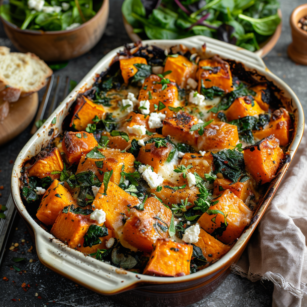Zoete aardappel-ovenschotel met feta en spinazie