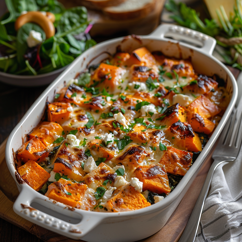 Zoete aardappel-ovenschotel met feta en spinazie
