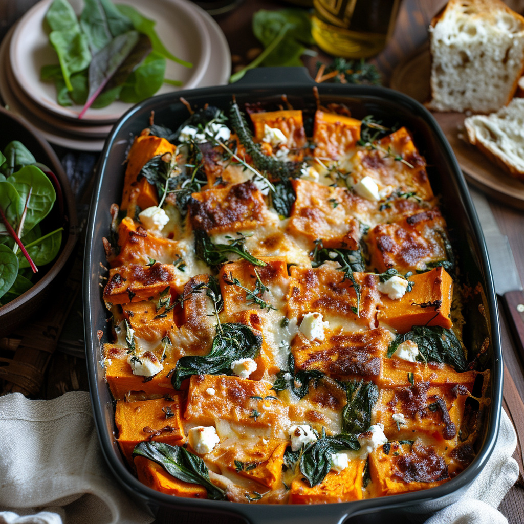 Zoete aardappel-ovenschotel met feta en spinazie