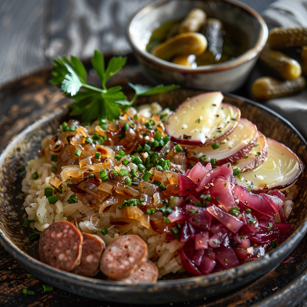 Zuurkoolstamppot met karamel-ui en rookworst