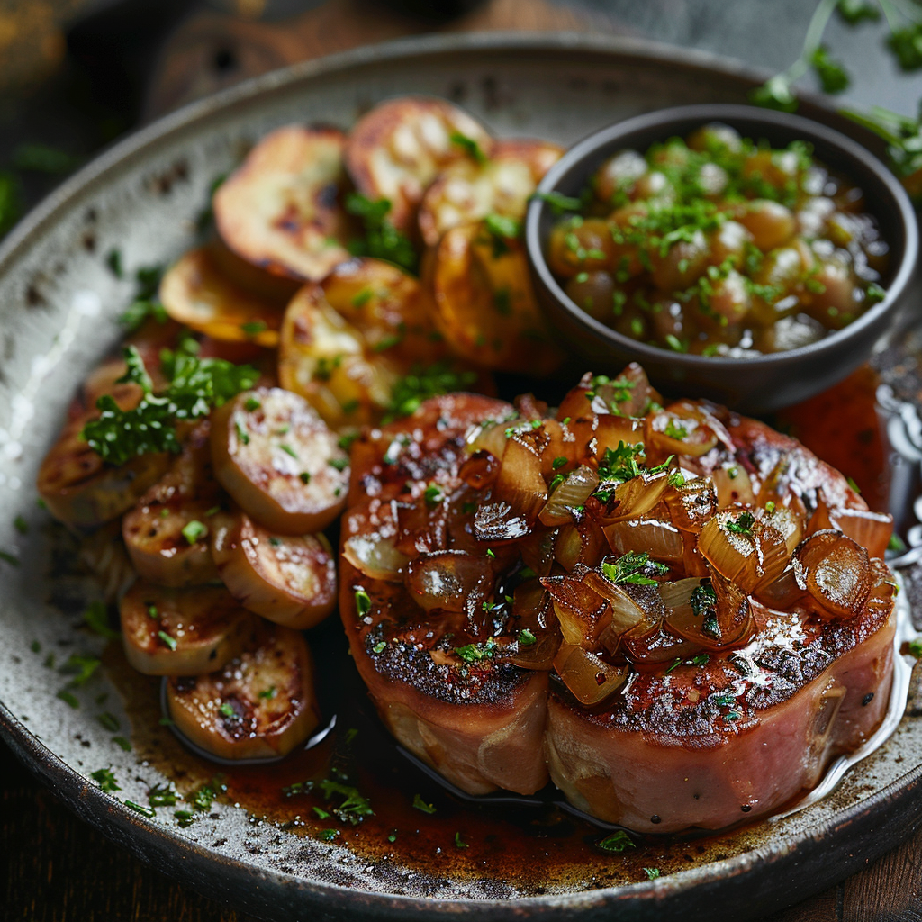 Zuurkoolstamppot met karamel-ui en rookworst