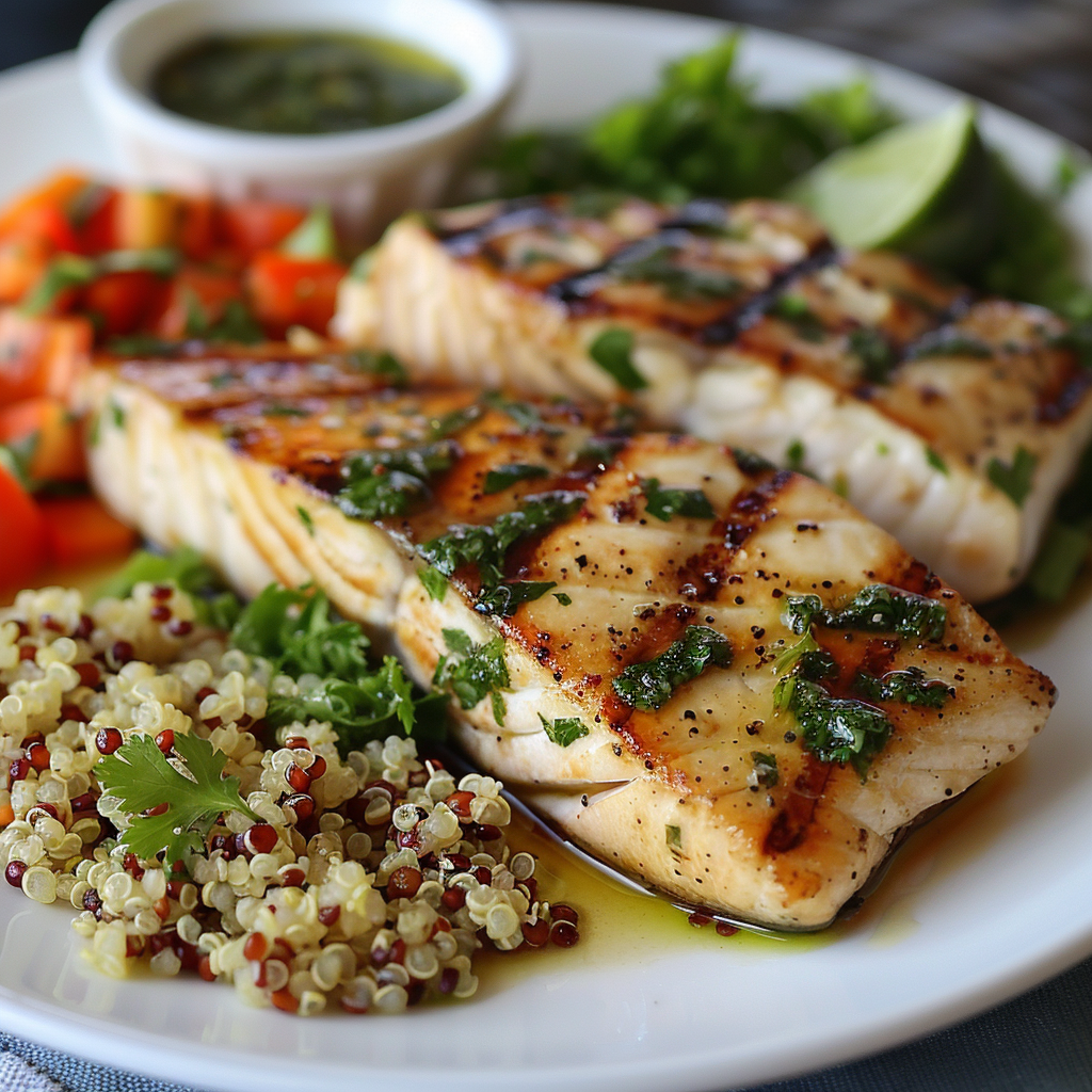 Zwaardvis met limoen-cilantro marinade en quinoa