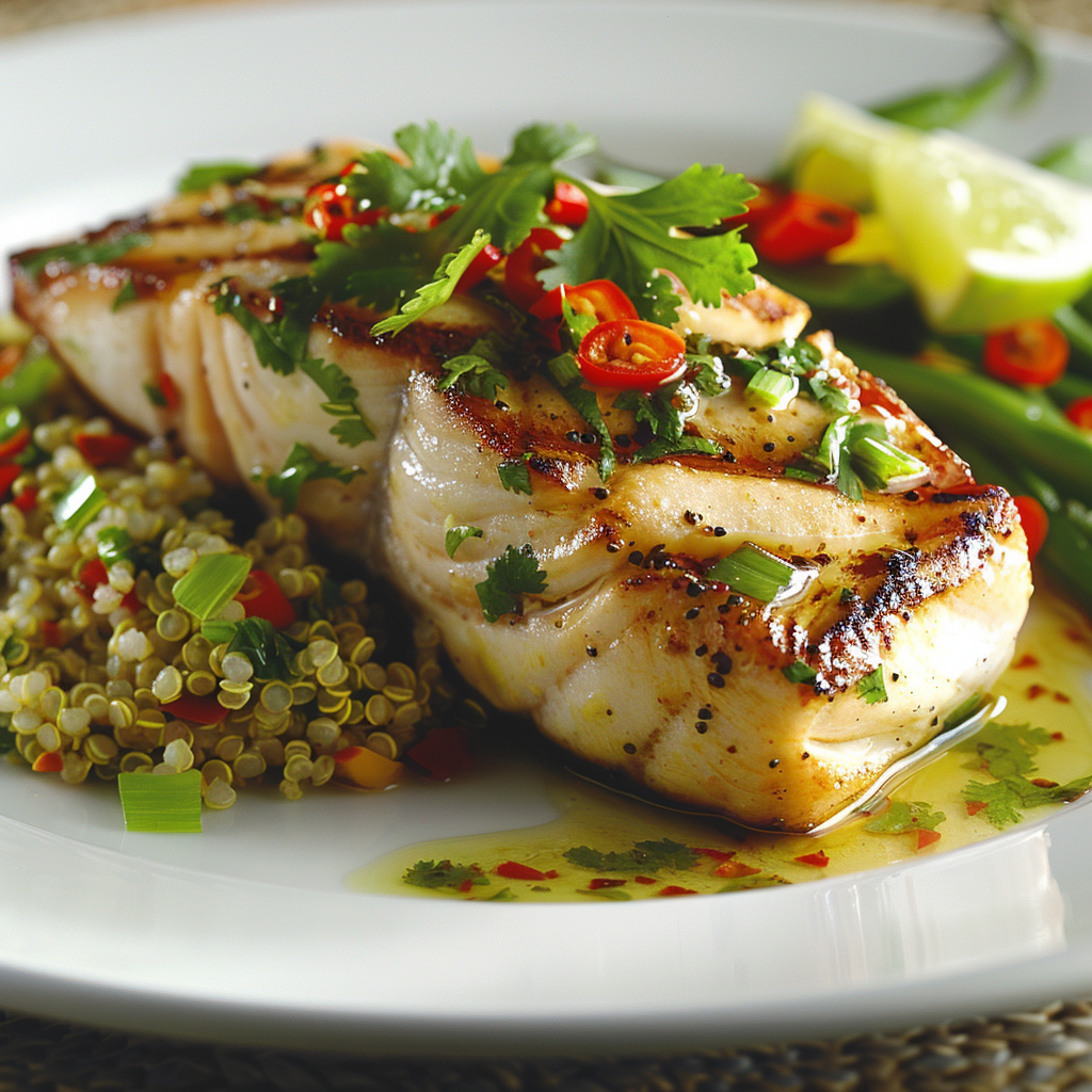 Zwaardvis met limoen-cilantro marinade en quinoa