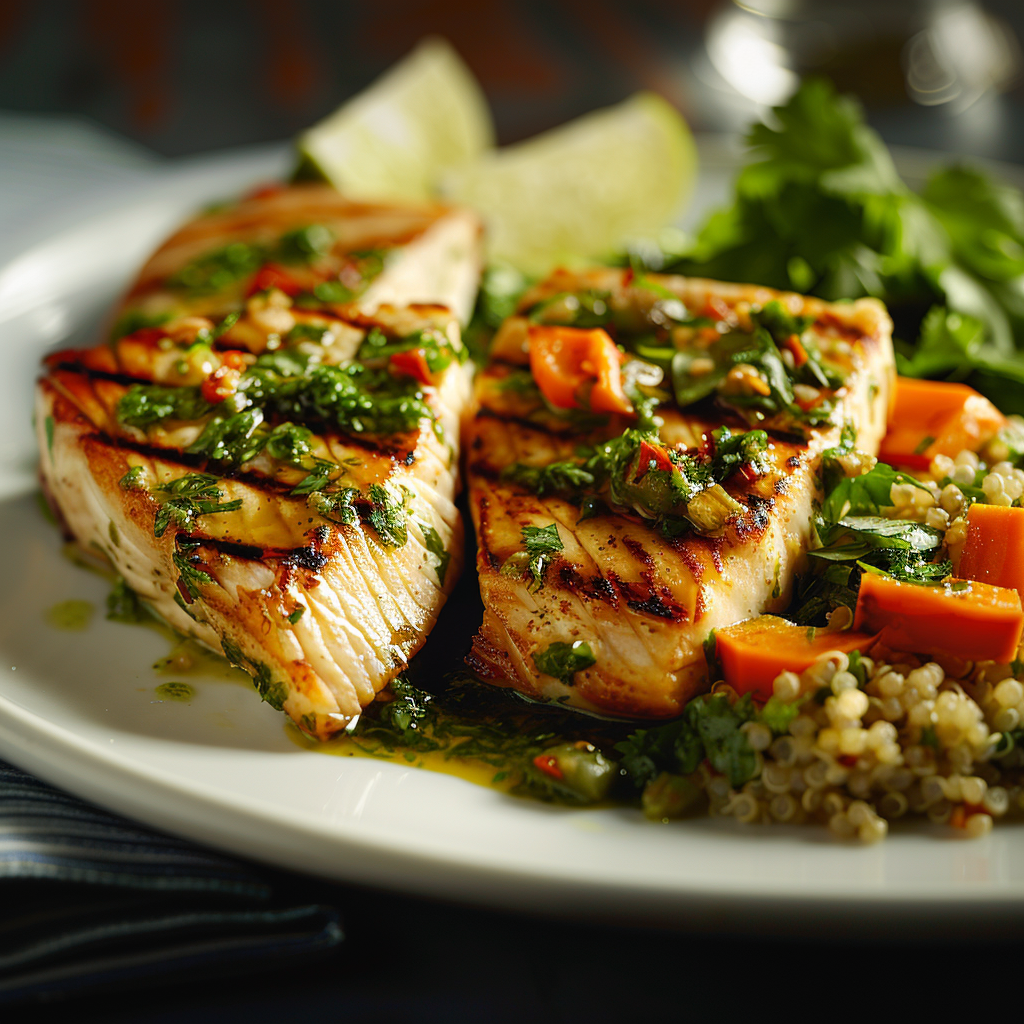 Zwaardvis met limoen-cilantro marinade en quinoa