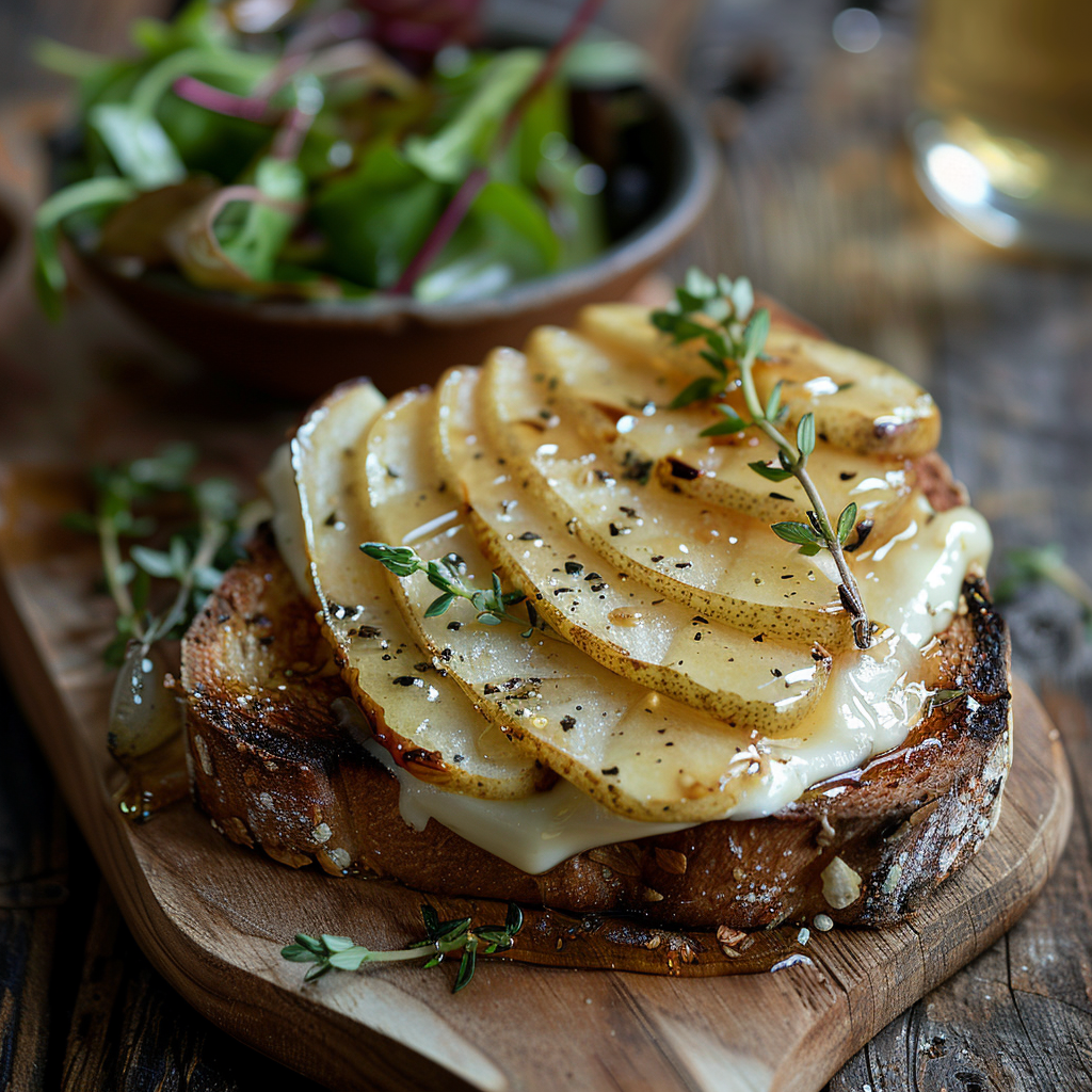 Brie en peer toast met honing en tijm