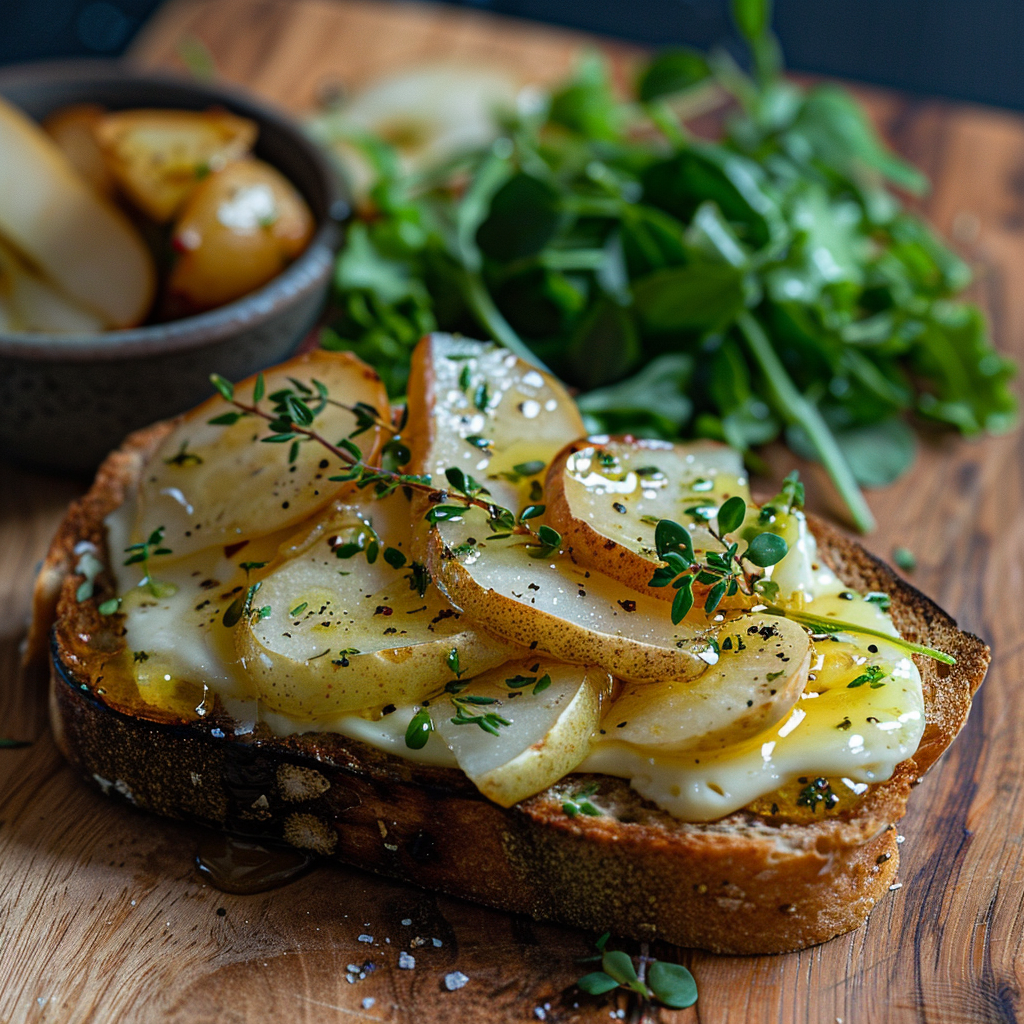 Brie en peer toast met honing en tijm